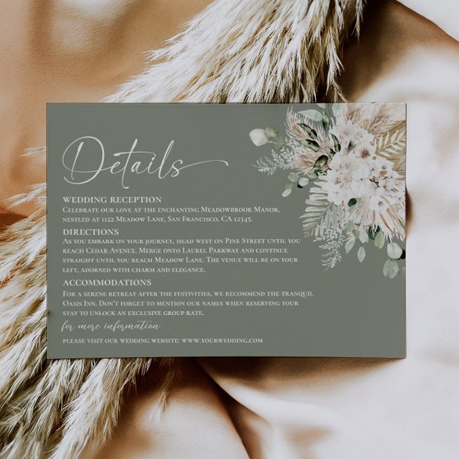 D'accompagnement Carte de détails de mariage Boho Sage Green Pampas (Boho Sage Green Pampas Wedding Details Enclosure Card)
