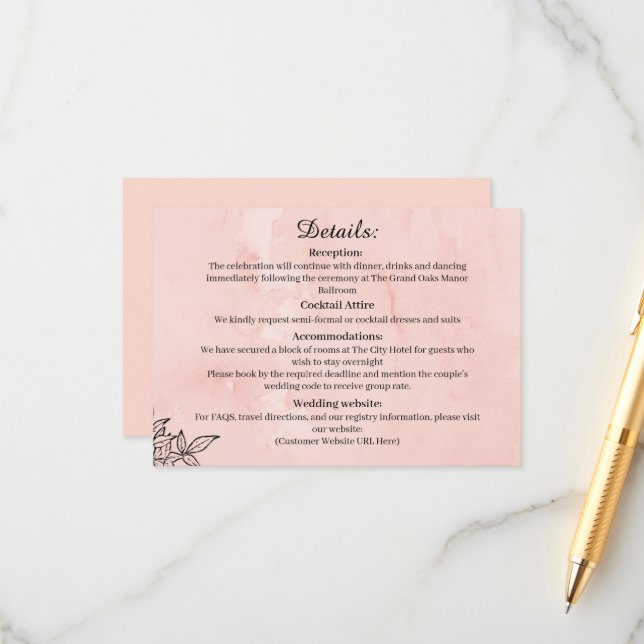 D'accompagnement Carte de détails de mariage botanique pêche (Devant/Arrière en situation)