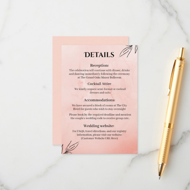 D'accompagnement Carte de détails de mariage botanique pêche (Devant/Arrière en situation)