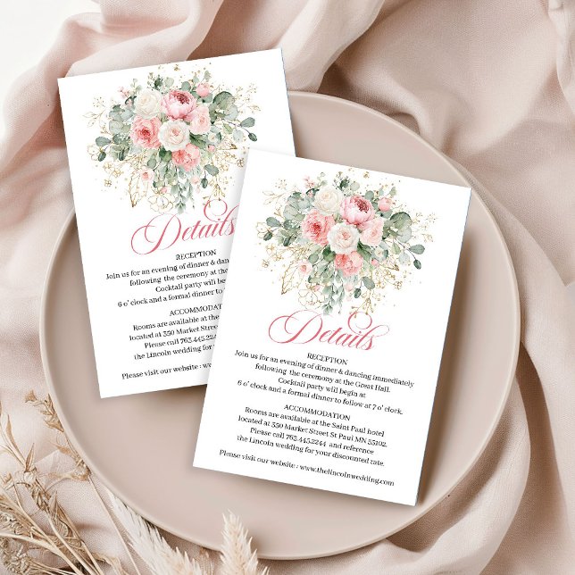 D'accompagnement Carte de détails de mariage classique avec verdure (Classic Blush Greenery Gold Wedding Details Card)