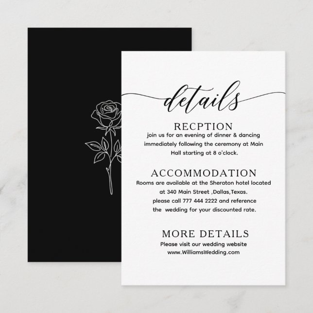 D'accompagnement carte de détails de mariage classique noir et blan (Devant / Derrière)