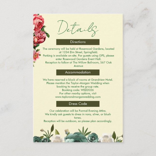 D'accompagnement Carte de détails de mariage Élégance Botanique (Devant)
