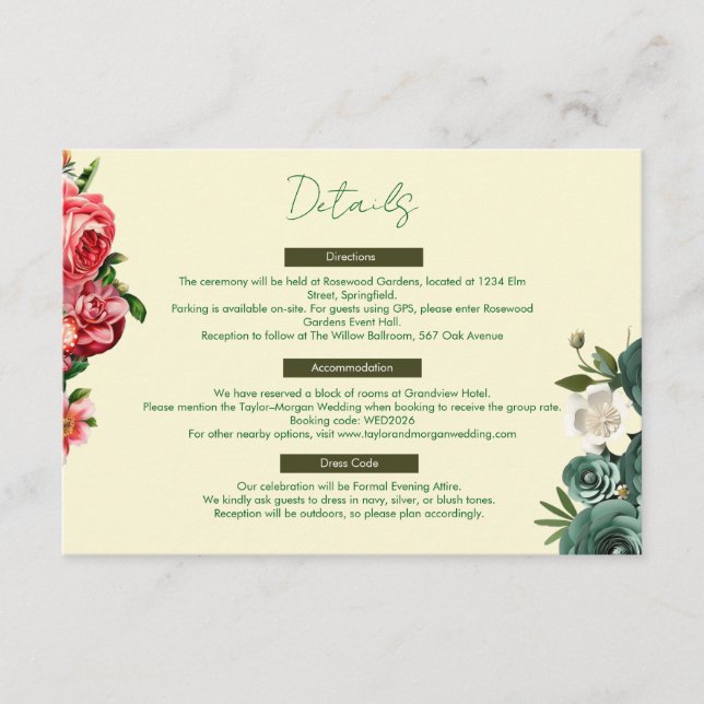 D'accompagnement Carte de détails de mariage Élégance Botanique (Devant)