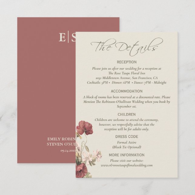 D'accompagnement Carte de détails de mariage élégante aux fleurs de (Devant / Derrière)