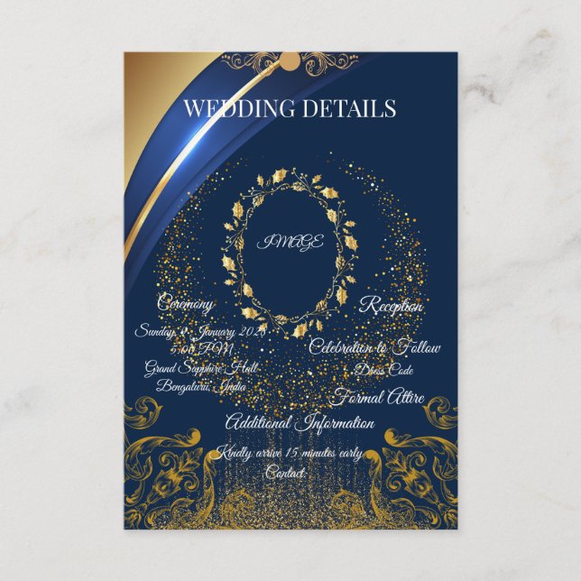 D'accompagnement Carte de détails de mariage élégante bleue et doré (Devant)