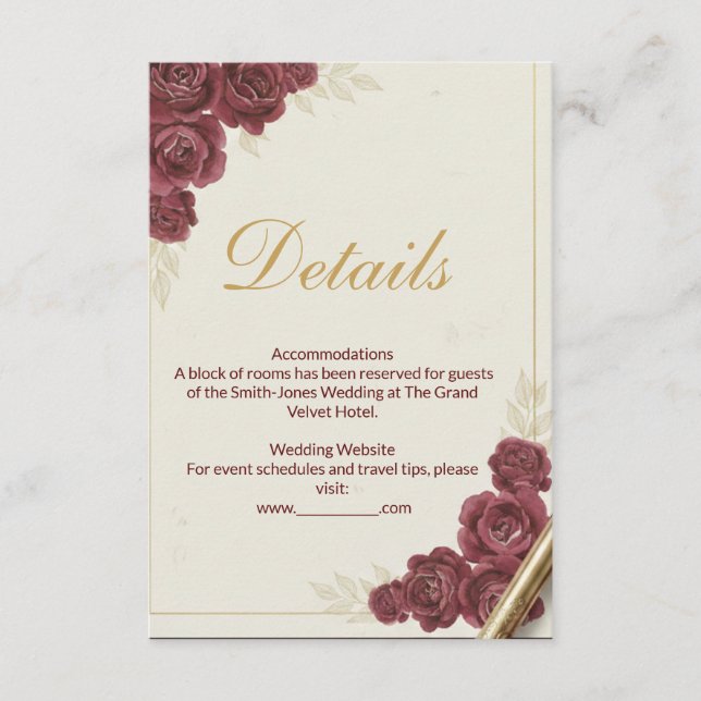 D'accompagnement Carte de détails de mariage élégante burgundy flor (Devant)