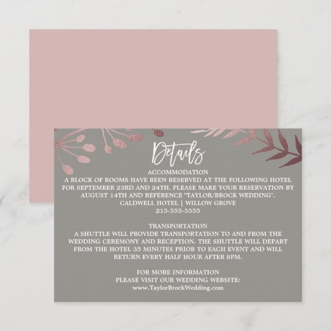D'accompagnement Carte de détails de mariage élégante rose gold et  (Devant / Derrière)