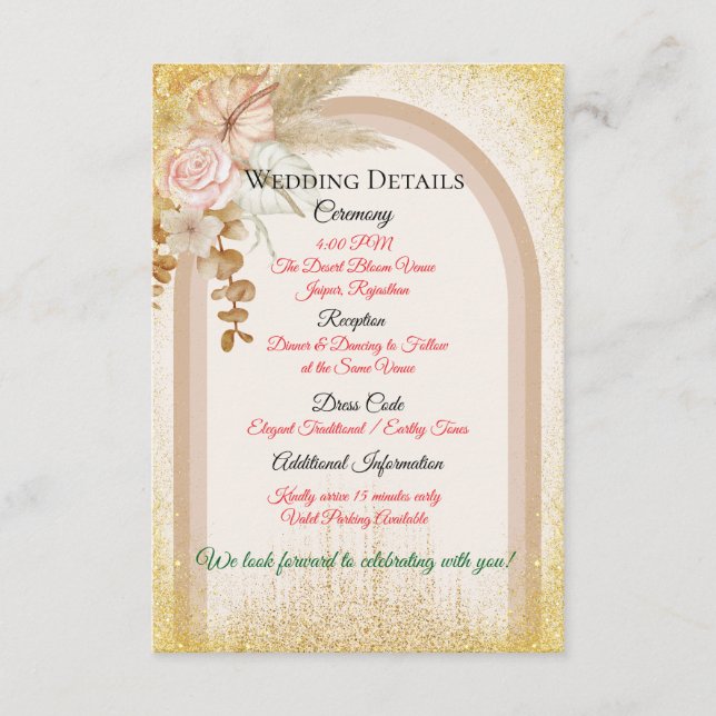 D'accompagnement Carte de détails de mariage floral boho avec étinc (Devant)