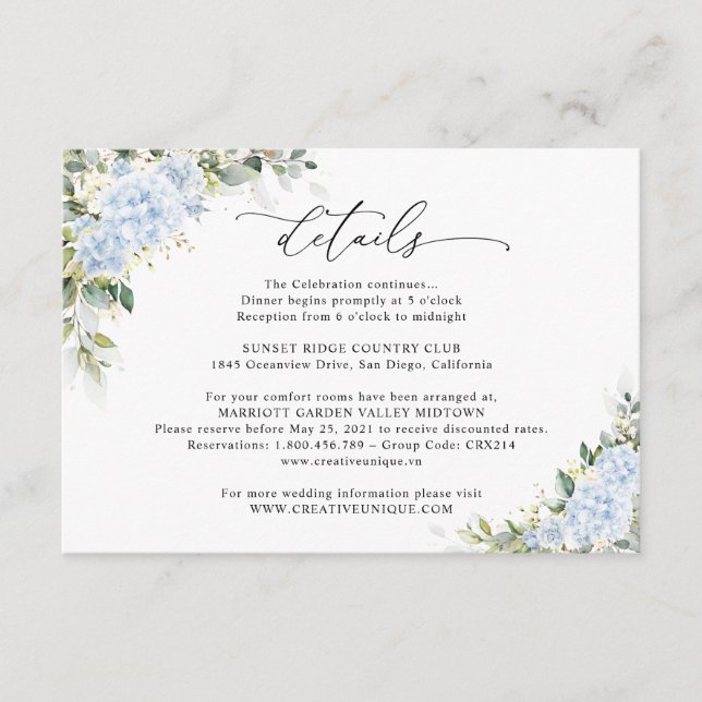 D'accompagnement Carte de détails de mariage floral Hydrange Bleu (Devant)