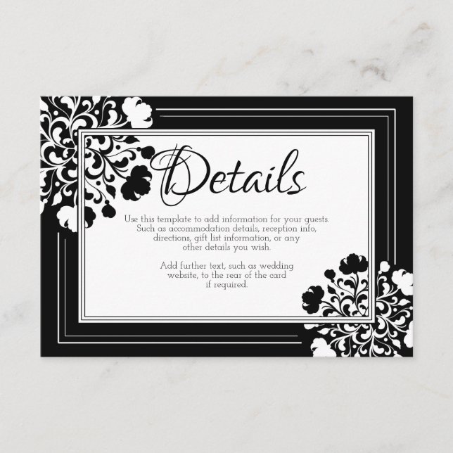 D'accompagnement Carte de détails de Mariage Floral noir et blanc (Devant)