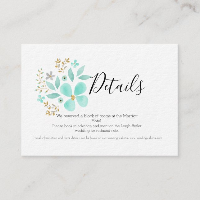 D'accompagnement Carte de détails de mariage floral or et sarcelle (Devant)