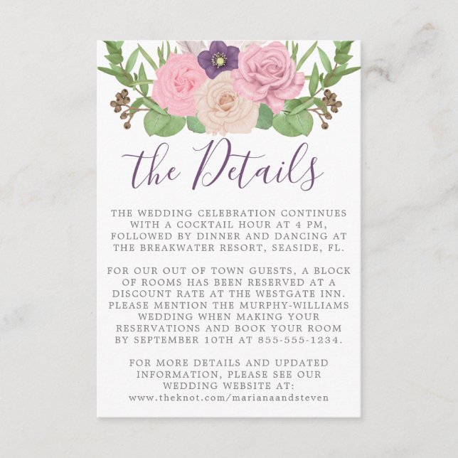 D'accompagnement Carte de détails de mariage floral rose violet (Devant)