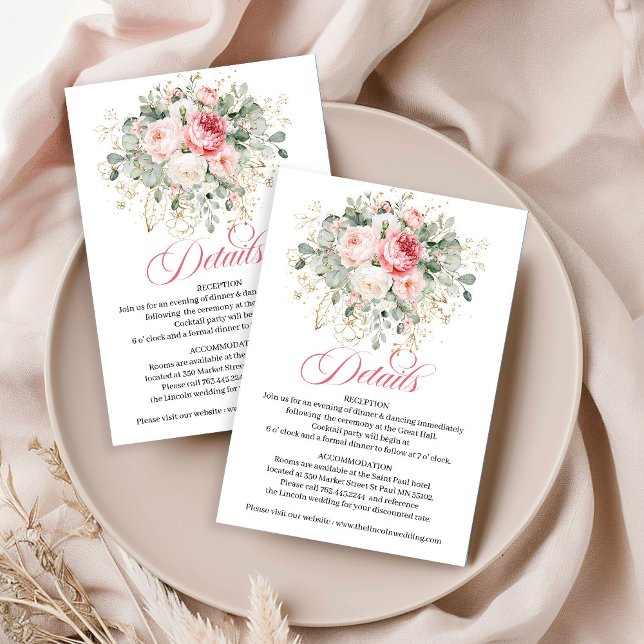 D'accompagnement Carte de détails de mariage florale dorée avec far (Modern Blush Floral Gold Wedding Details Card)