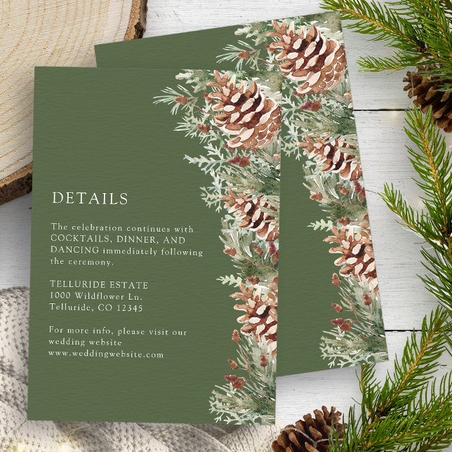 D'accompagnement Carte de détails de mariage hivernal vert (Green Winter Watercolor Evergreen Pinecones Details Enclosure Card by Painted Paperie
)