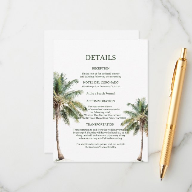 D'accompagnement Carte de détails de mariage Minimal Beach Palm Tre (Devant/Arrière en situation)