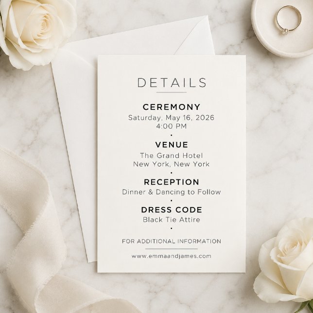D'accompagnement Carte de détails de mariage minimale éditable (Elegant Details Card displayed on ivory linen with soft natural light.)