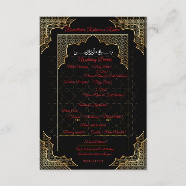 D'accompagnement Carte de détails de mariage musulman noir et or de (Devant)