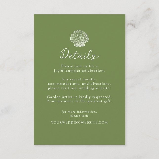 D'accompagnement Carte de détails de mariage Olive Green Seashell (Devant)
