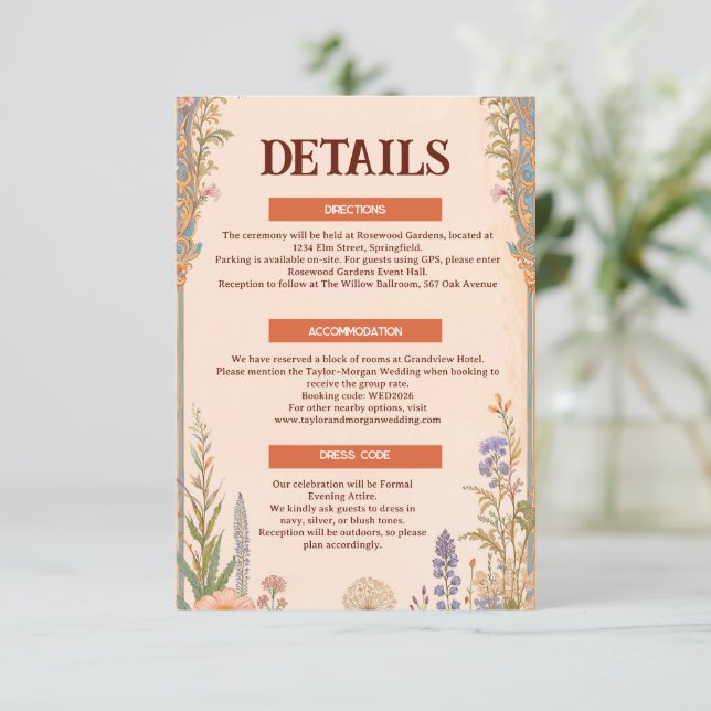 D'accompagnement Carte de détails de mariage rétro chic (Debout devant)