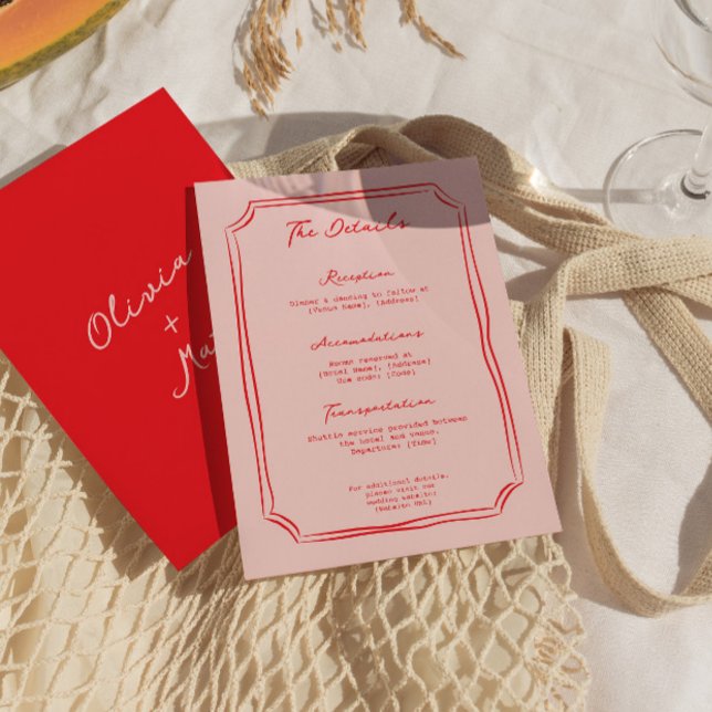 D'accompagnement Carte de détails de mariage Rouge + Rose (red pink wedding, wedding details card, enclosure card, colorful wedding card, modern wedding detail)