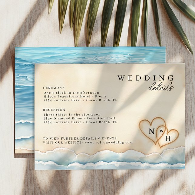 D'accompagnement Carte de détails de mariage sur la plage avec Coeu (Wedding Details Enclosure Card)