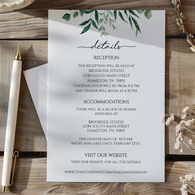 D'accompagnement Carte de détails de réception Eucalyptus Verdure (Greenery Eucalyptus Reception Details Card)