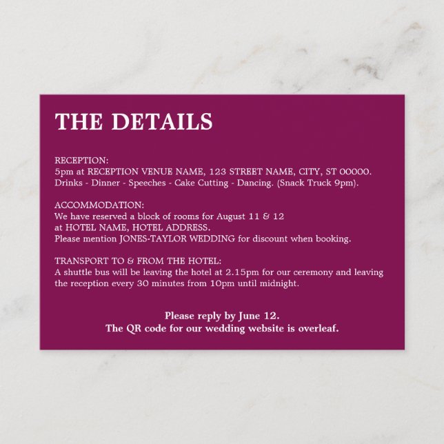 D'accompagnement Carte de détails du Mariage de code QR du vin de m (Devant)