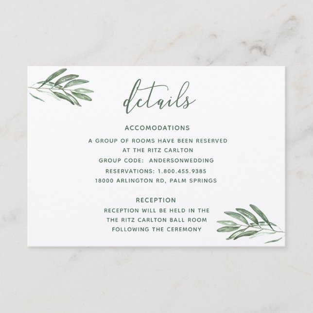 D'accompagnement Carte de détails du Mariage Feuille d'Olive (Devant)