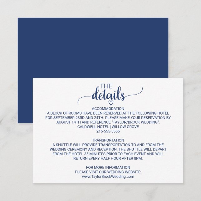 D'accompagnement Carte de détails du Mariage Navy Blue Simple Calli (Devant / Derrière)