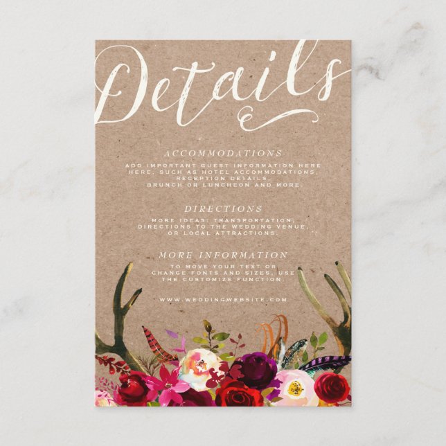D'accompagnement CARTE DE DÉTAILS | Élégant Boho Floral Rustique An (Devant)