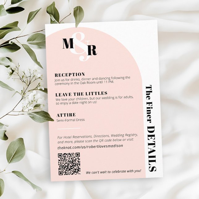 D'accompagnement Carte de détails Mariage Arch Pink (Blush pink black and white ampersand monogram arch wedding invitation The Finer Details Card QR Code)