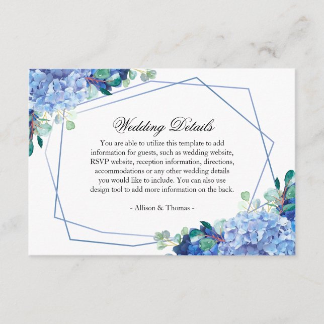 D'accompagnement carte de détails mariage bleu hydrangea eucalyptus (Devant)