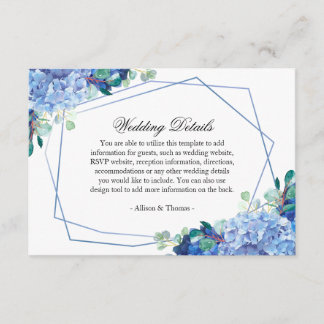 D'accompagnement carte de détails mariage bleu hydrangea eucalyptus