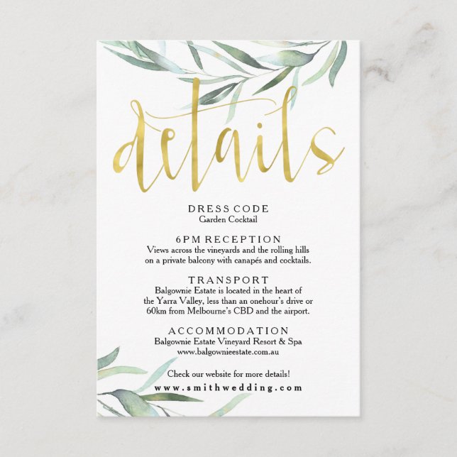 D'accompagnement Carte de détails Mariage Eucalyptus Gold (Devant)