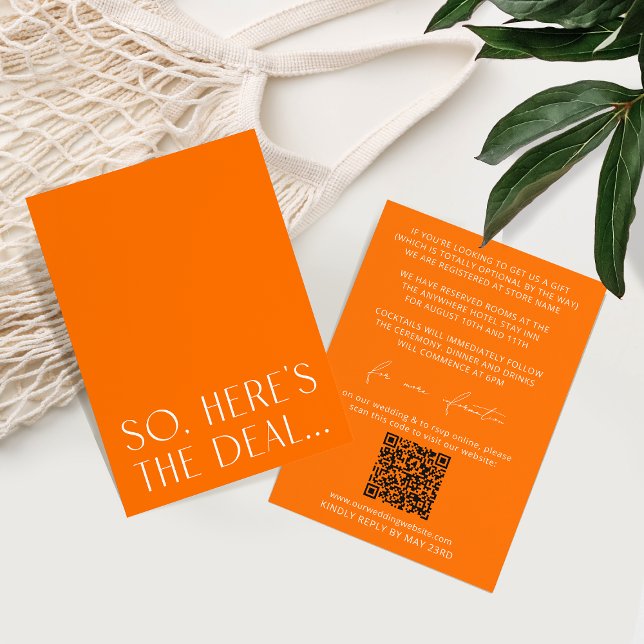 D'accompagnement Carte de détails orange vibre et code QR RSVP (Créateur téléchargé)