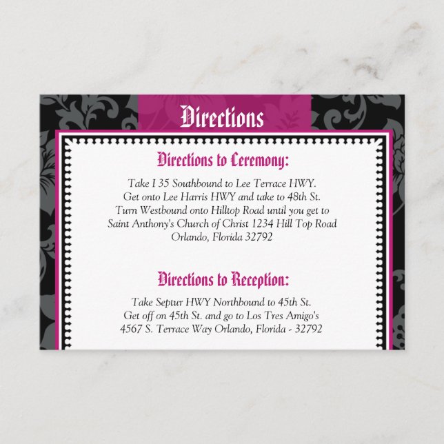 D'accompagnement Carte de direction 3,5 x 5 noir Floral Hot Pink St (Devant)