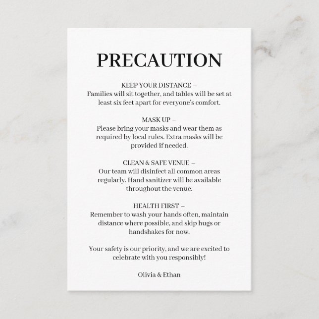 D'accompagnement Carte de directives de sécurité pour mariage Covid (Devant)