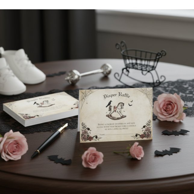 D'accompagnement Carte de fermeture à rabat de Baby shower gothique (Elegant Gothic Halloween Girl Baby Shower Diaper Raffle Enclosure Card. Vintage Rocking Horse, Roses)