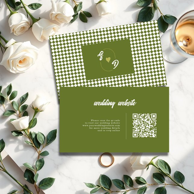 D'accompagnement Carte de mariage à carreaux avec code QR vert oliv (Créateur téléchargé)