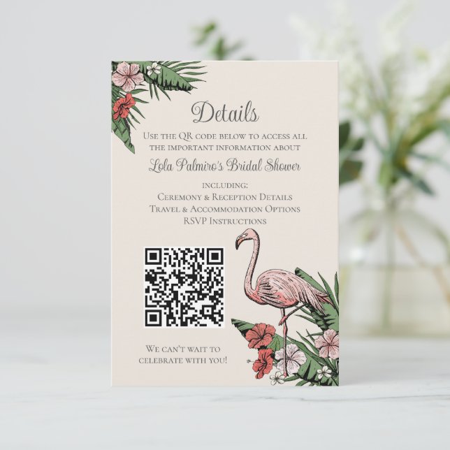 D'accompagnement Carte de mariage avec code QR de flamant tropical  (Debout devant)