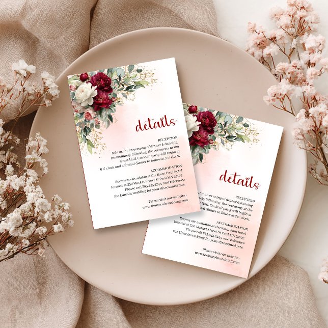 D'accompagnement Carte de mariage classique fleurs bordeaux dorées (Classic burgundy blush flowers gold wedding card

)