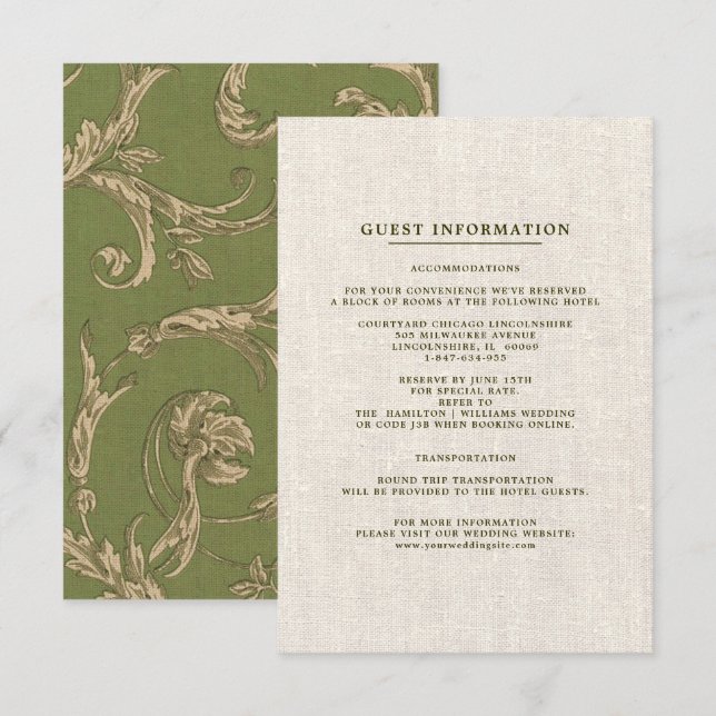 D'accompagnement Carte de Mariage Motif Vintage beige vert (Devant / Derrière)