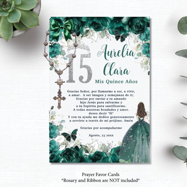 D'accompagnement Carte de prière Emerald Floral Silver Quinceañera  (Créateur téléchargé)