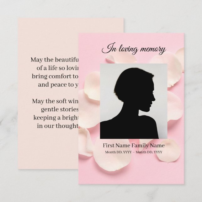 D'accompagnement Carte de prière funéraire rose pétale rose (Devant / Derrière)