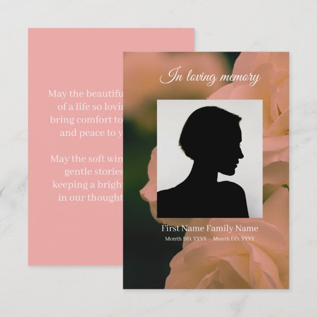 D'accompagnement Carte de prière funéraire rose rouge tendre (Devant / Derrière)