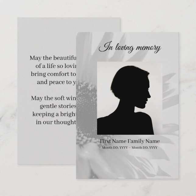 D'accompagnement Carte de prière funéraire tournesol gris (Devant / Derrière)