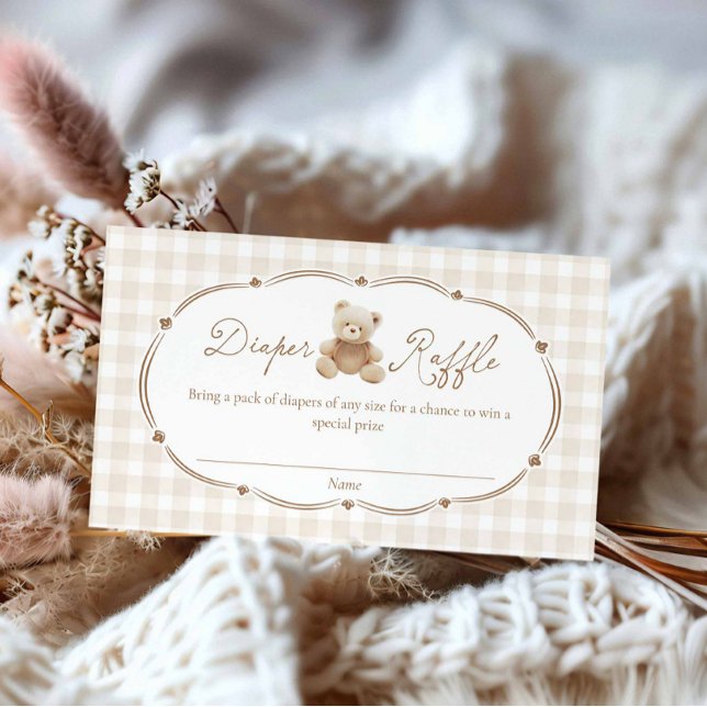 D'accompagnement Carte de rabat à couches pour couches en peluche (Brown Teddy Bear Gingham Boy Baby shower Diaper Raffle Ticket)