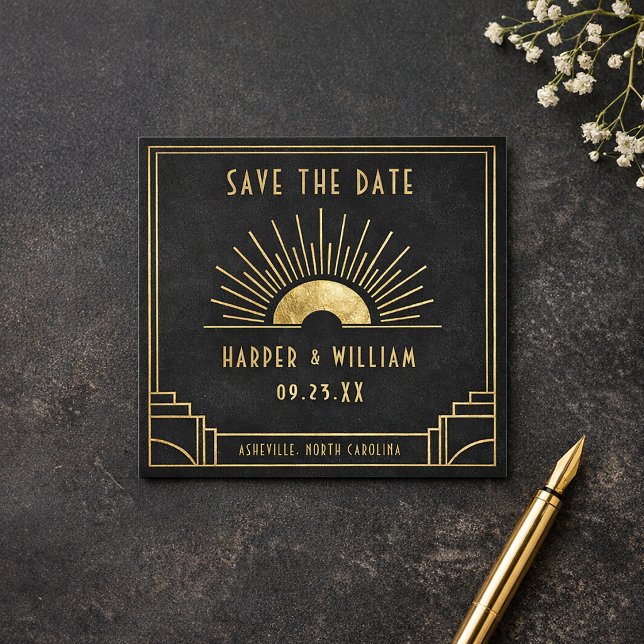 D'accompagnement Carte de rappel de date Equinox Mini avec décorati (Celestial art deco save the date card in black and gold.
)