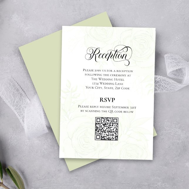 D'accompagnement Carte de réception avec code QR pour mariage avec  (Elegant greenery wedding reception card with QR code for easy guest RSVP.)