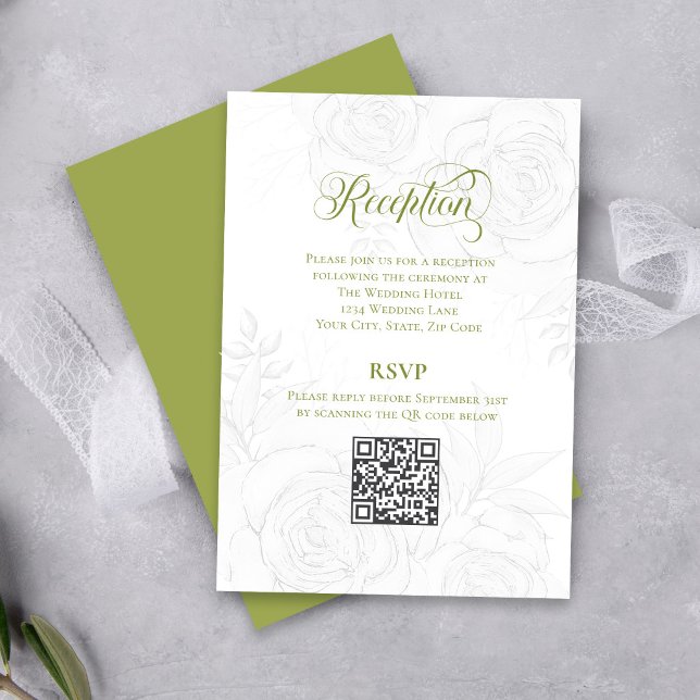 D'accompagnement Carte de réception avec code QR pour mariage sur f (Elegant greenery script wedding reception card with QR code RSVP and soft floral sketch design)